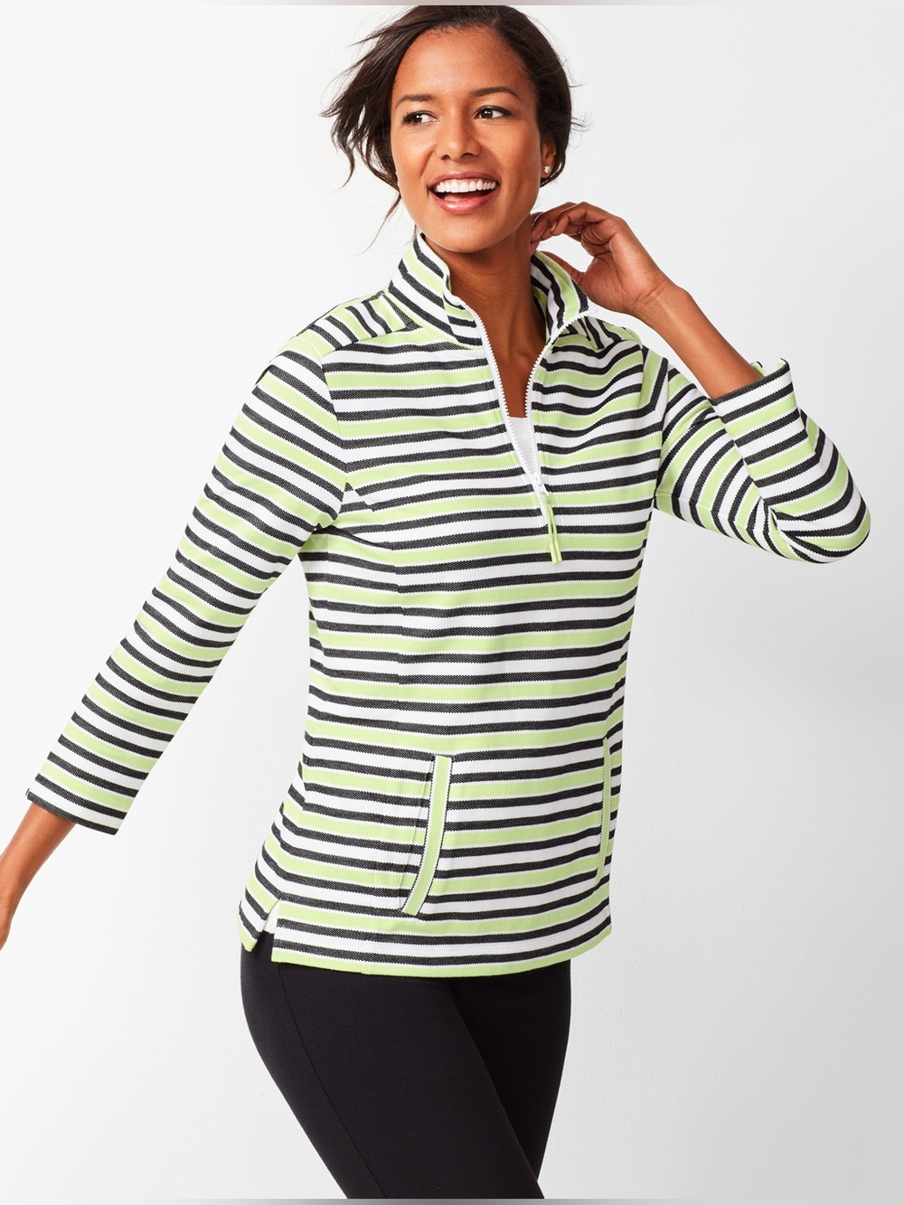T by Talbots Women’s M Quarter Zip Pullover Striped Green Black White Preppy